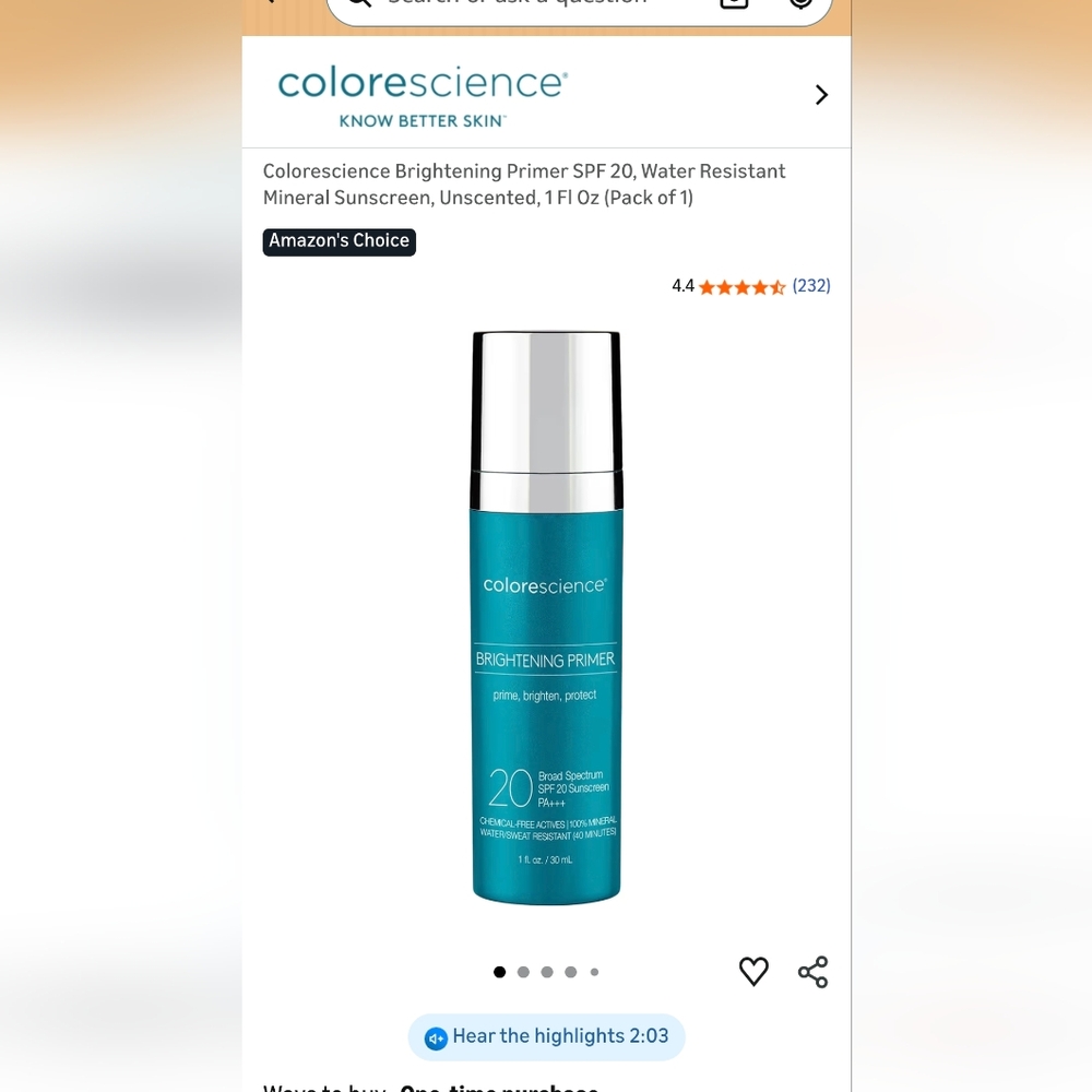 Colorescience Brightening Primer SPF 20, Water Resistant Mineral Sunscreen, Unsc